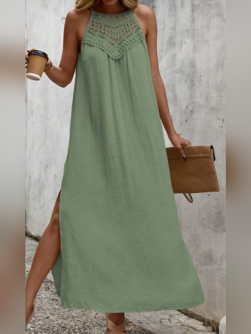 Shein Lune Guipure Lace Insert Split Thigh Halter Neck Cami Dress